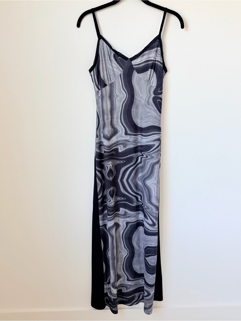 Vintage Y2K Slip Midi Dress in Black & Gray Marble Print
